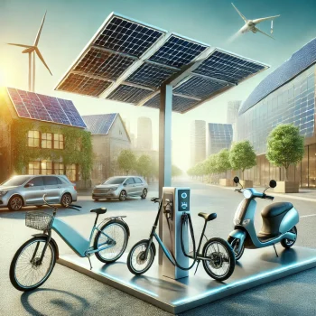 DALL·E 2024-10-03 23.56.40 - An image combining three concepts_ electric bicycles, electric scooters, and solar energy. The scene shows a futuristic, eco-friendly urban environmen